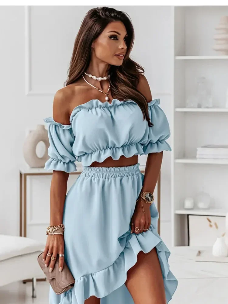 Summer Solid Top Ruffles Dress 2 Piece Set Women Fashion Slash Neck Sets Casual Elegant Holiday Party Female 2 Piece Set New