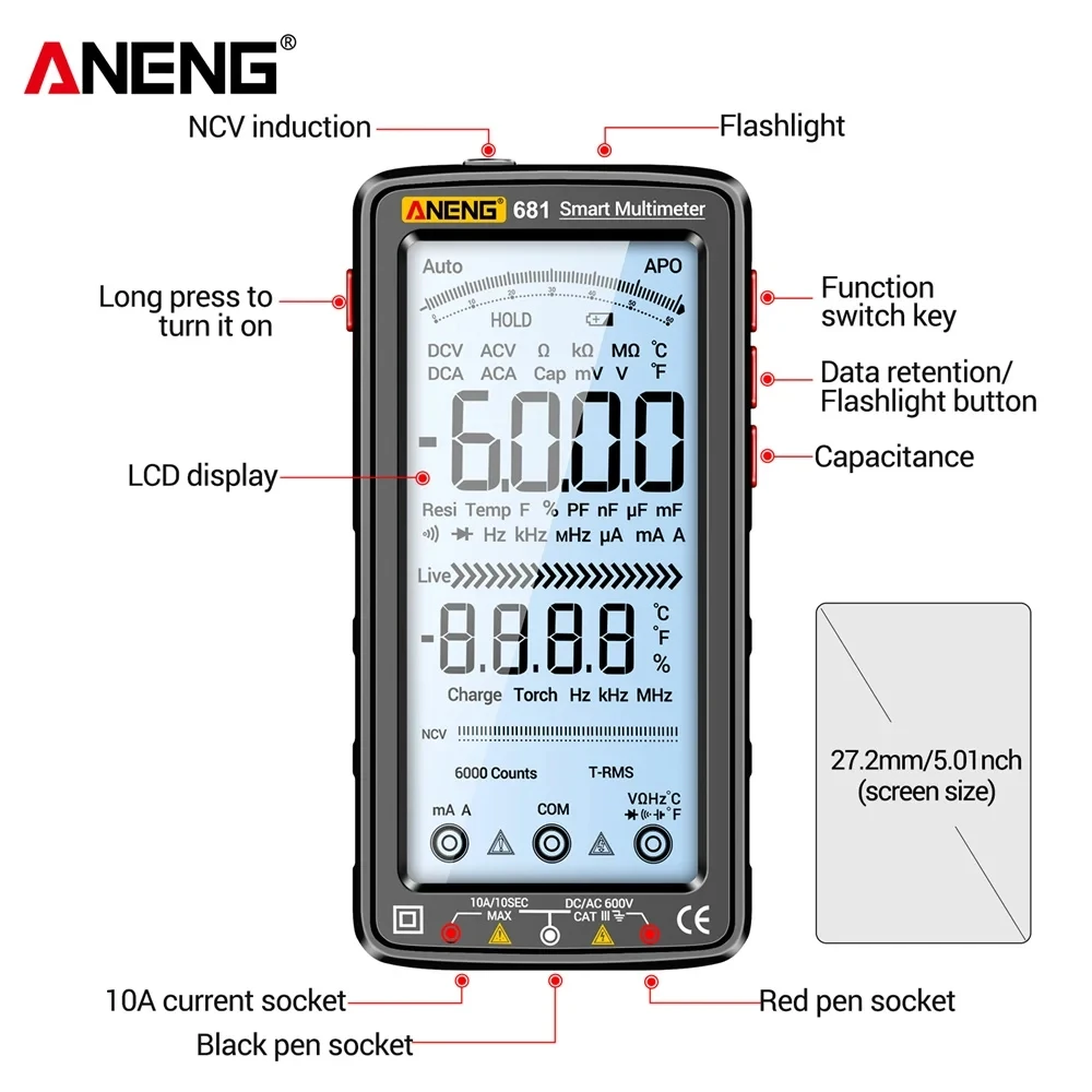 Imagem -05 - Aneng-recarregável Digital Multímetro Inteligente Tensão sem Contato ac dc Medidor de Tensão Tela Lcd Tester Atual 681 Pro 6000 Contagem