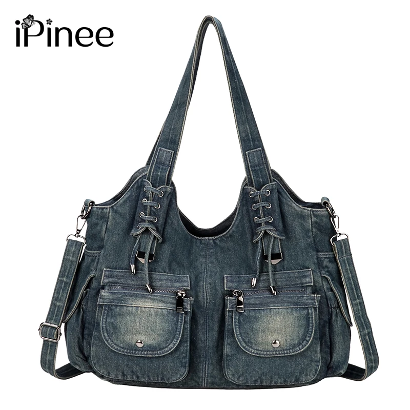 IPinee-Bolso vaquero Vintage para mujer, Cartera de hombro cruzada, gran capacidad, azul, Y2K