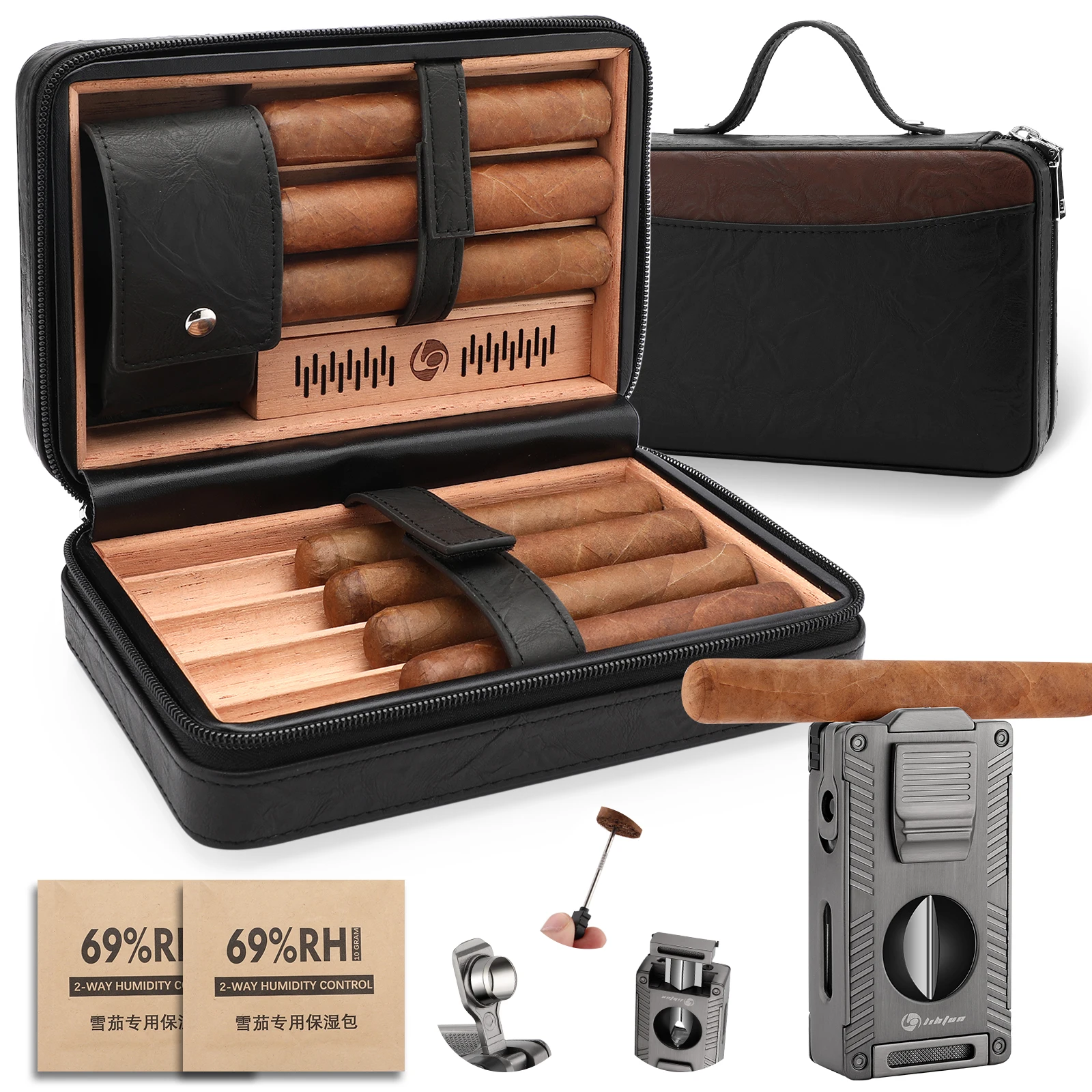 Cigar Humidor Box, Cedar Wood Travel Cigar Case, Multifunctional 5-in-1 Cigar Lighter Set, 2-Way Humidity Packs