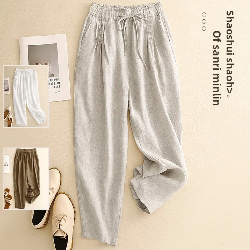 

Ретро плиссированные цветные хлопковые льняные облегающие повседневные брюки с эластичной резинкой на талии, длинные брюки для женщин больших размеров, повседневная одежда