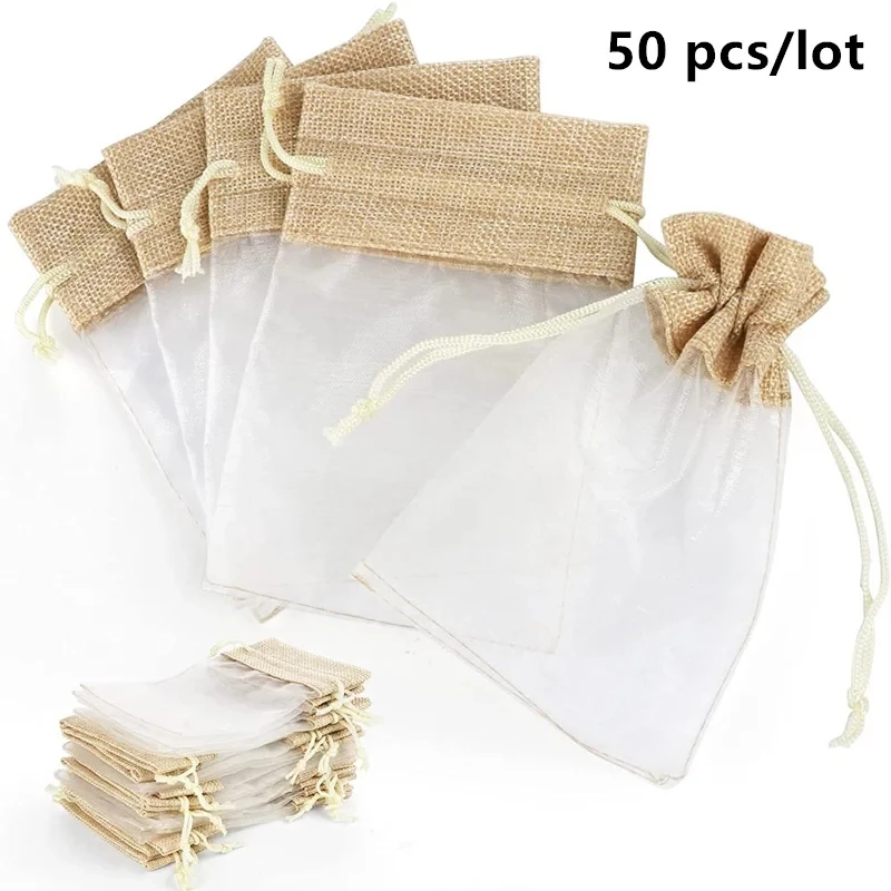 20/50Pcs Linen Jute Organza Gift Candy Bags Wedding Favors for Guests Birthday Party Supplies Christmas Small Drawstring Pouches