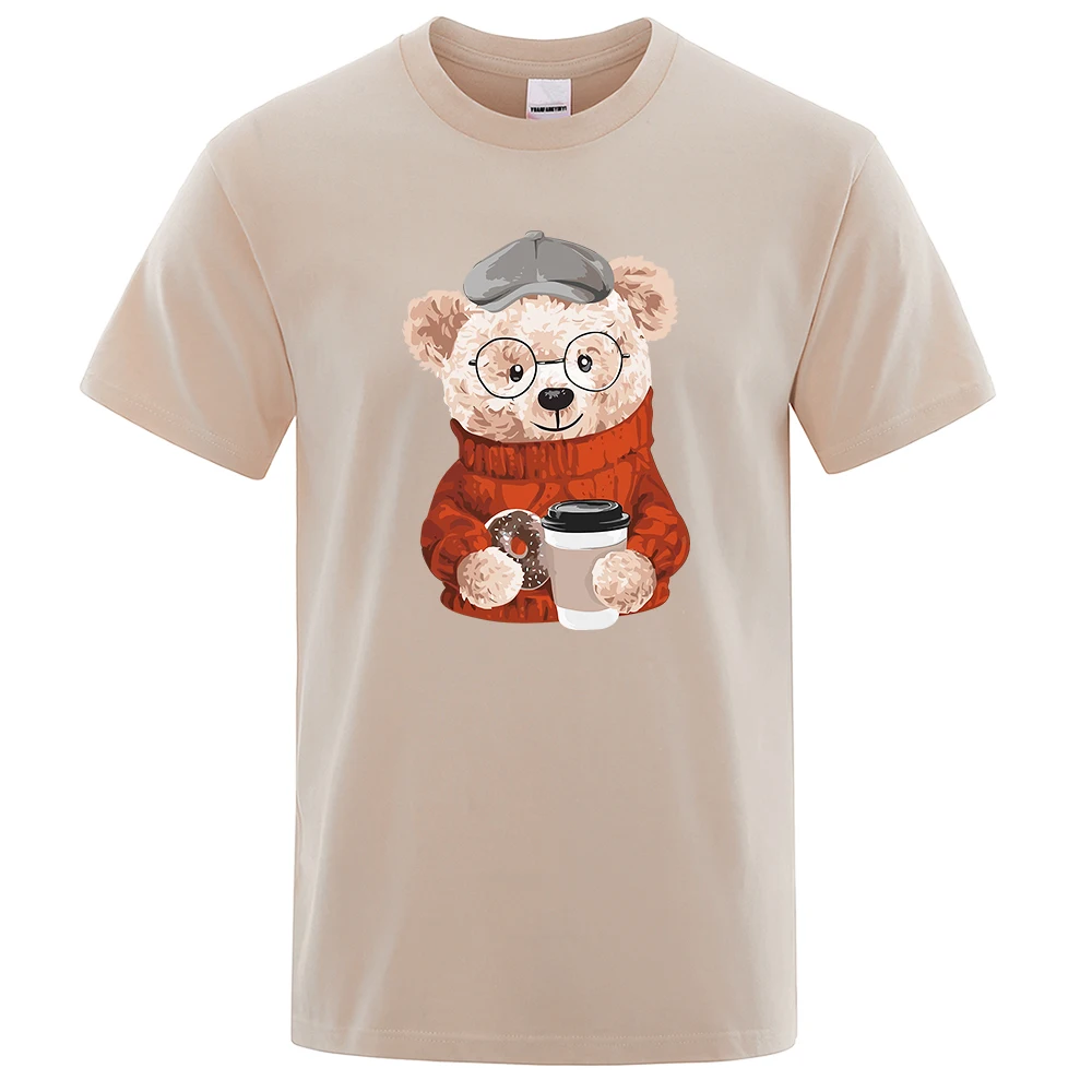 Ted Bear Who Loves Donuts And Coffee Male T Shirts High Quality New Tshirt Summer Cotton Tops Hip Hop Breathable Tee Clothes