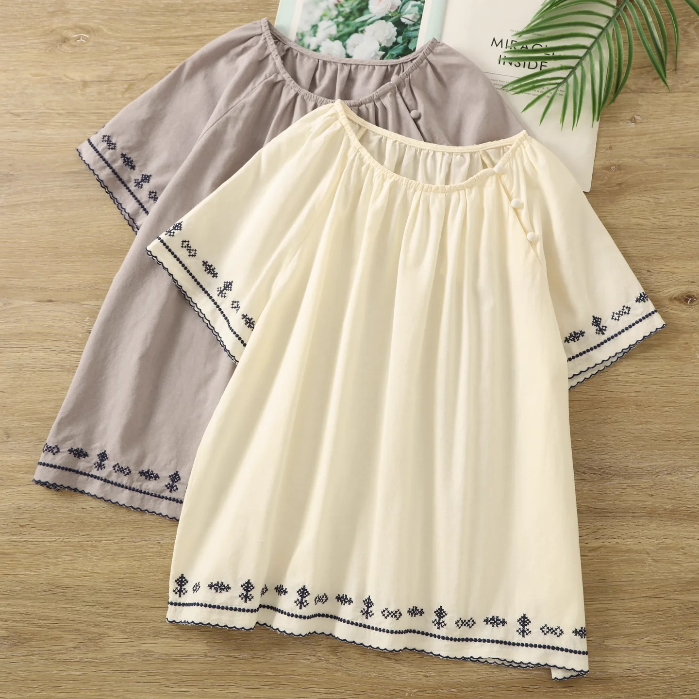 

2025 Women's chic blouses 100% cotton ethnic embroidery shirts short sleeve blouses for women Japan brand summer tops