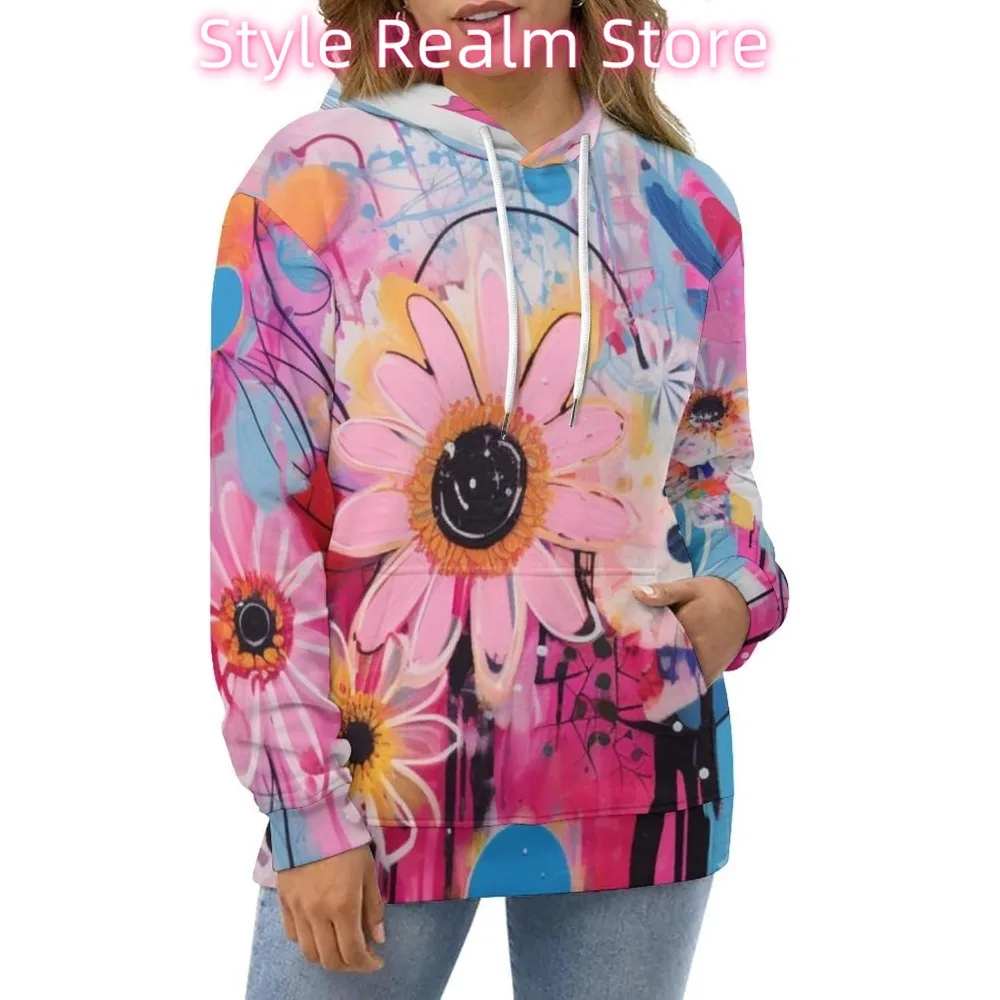 للجنسين الجدة الوردي زهرة هوديي 3D مطبوعة الفن نمط عارضة البلوز مقنعين الجيب