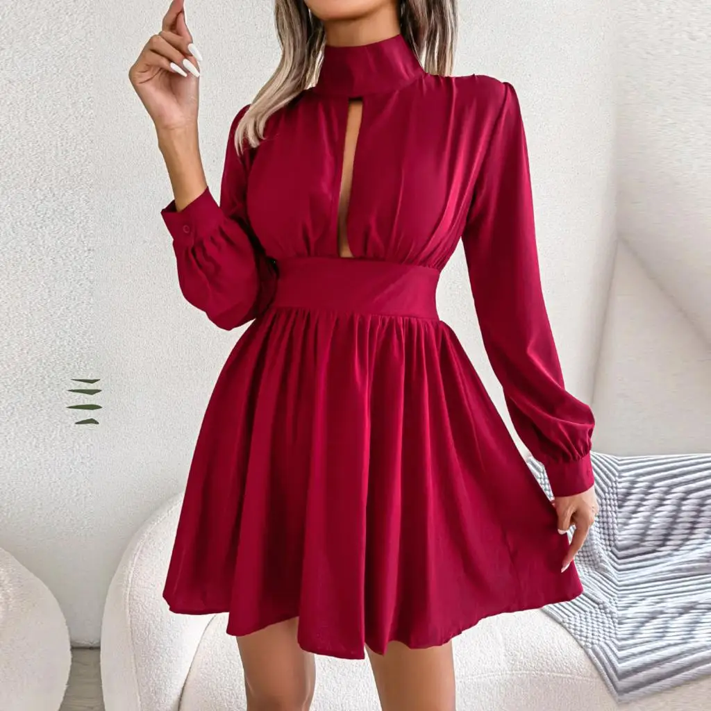 F 2023 New Women's Autumn Winter Sexy Hollow Out Solid Color High Waist Large Swing Dress For Fashion