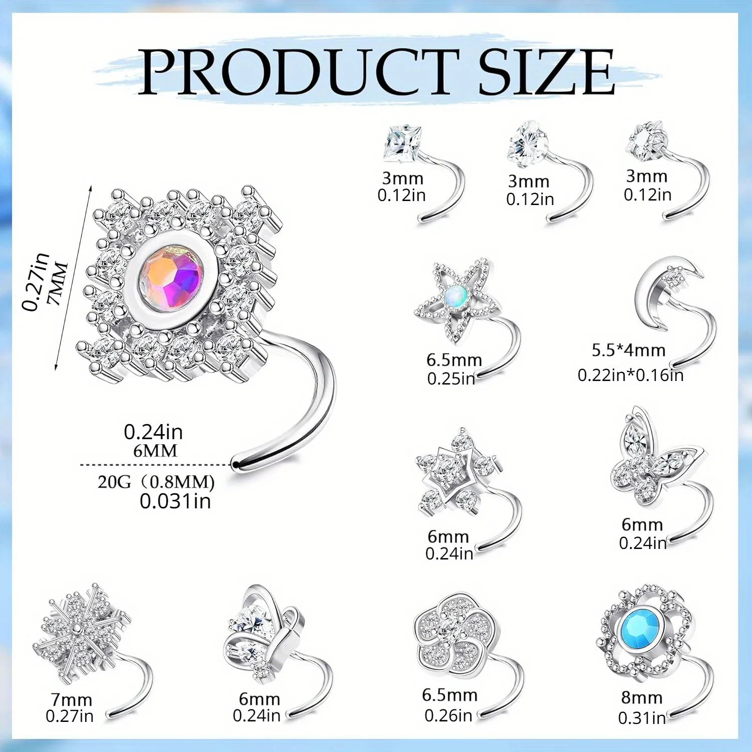 Drperfect 20G Stainless Steel Nose Rings Stud for Women Screw L Shaped Nose Studs Cubic Zirconia Flower Butterfly Nose Piercing