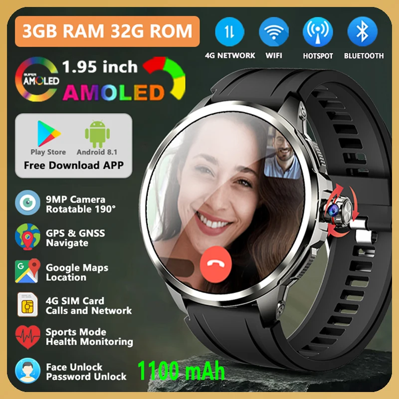 

1,95-дюймовые умные часы AMOLED 4G Android с SIM-картой 190 ° Поддержка камеры Карты Загрузка Приложение Разблокировка лица GPS WIFI Умные часы с вызовом