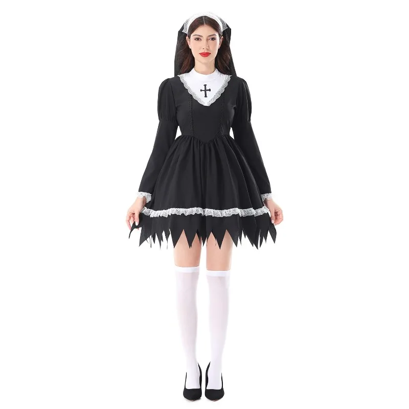

Halloween Black Gothic Nun Cosplay Costume Medieval Lolita Dress with Headscarf Suit for Women Carnival Party Stage Outfit