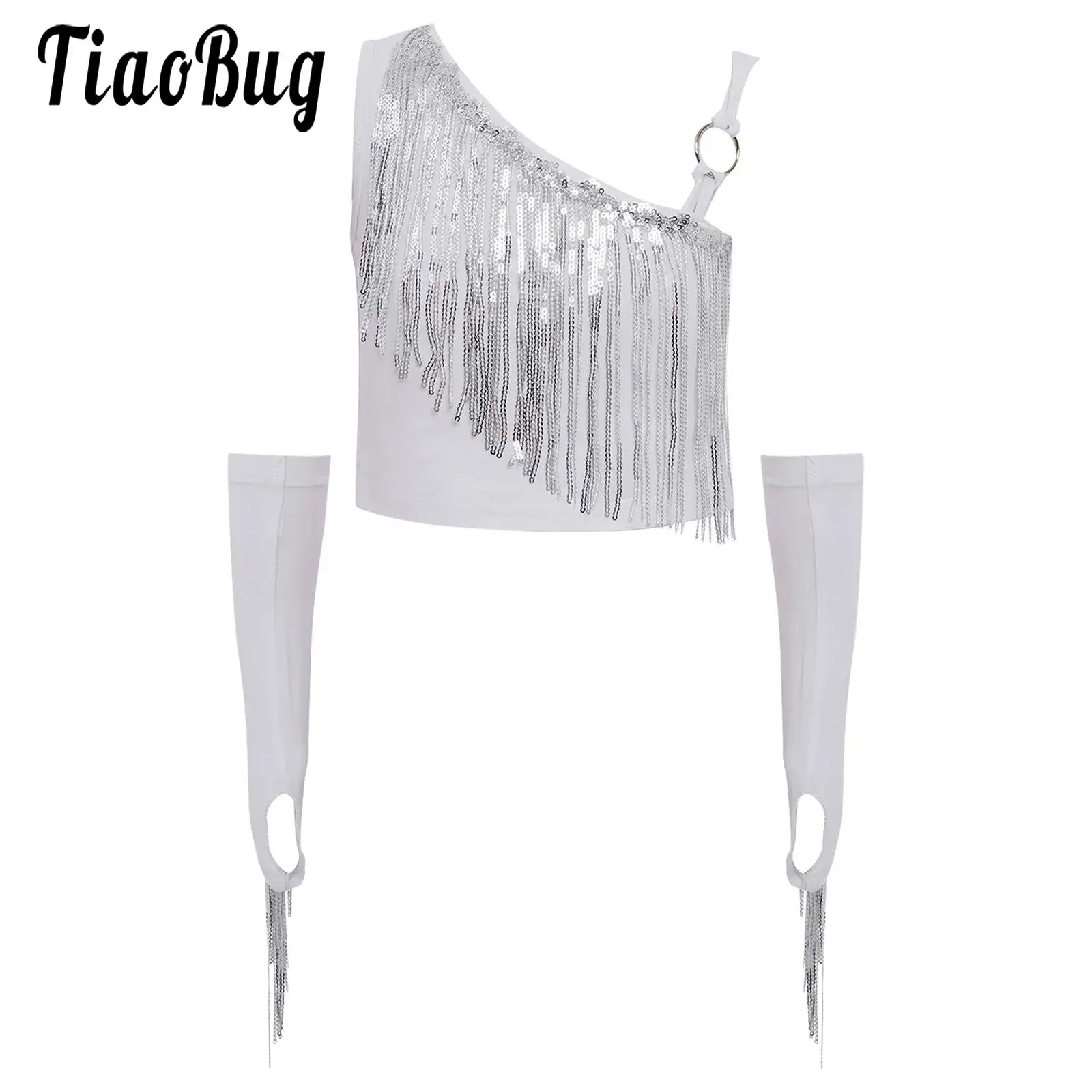 

Kids Girls Hip Hop Jazz Modern Dance Performance Costume Shiny Sequin Tassels Asymmetrical Crop Top with Fringe Gloves Set