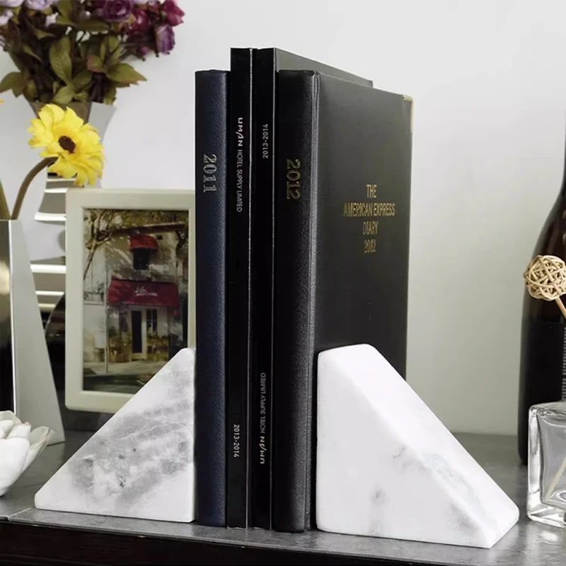 1PCS Natural White Marble Bookend, Vintage Textured Decorative Book Holder, Functional Artwork for Office, Living Room, Bedroom