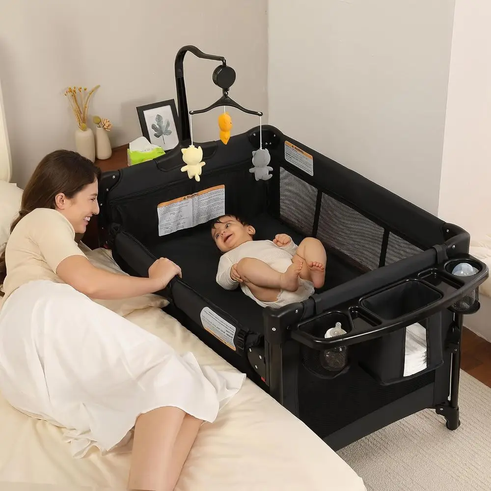 Breathable Mesh Steel Frame Play Yard - Foldable Bassinet, Crib, Changing Table for Newborn to Toddler (Black)