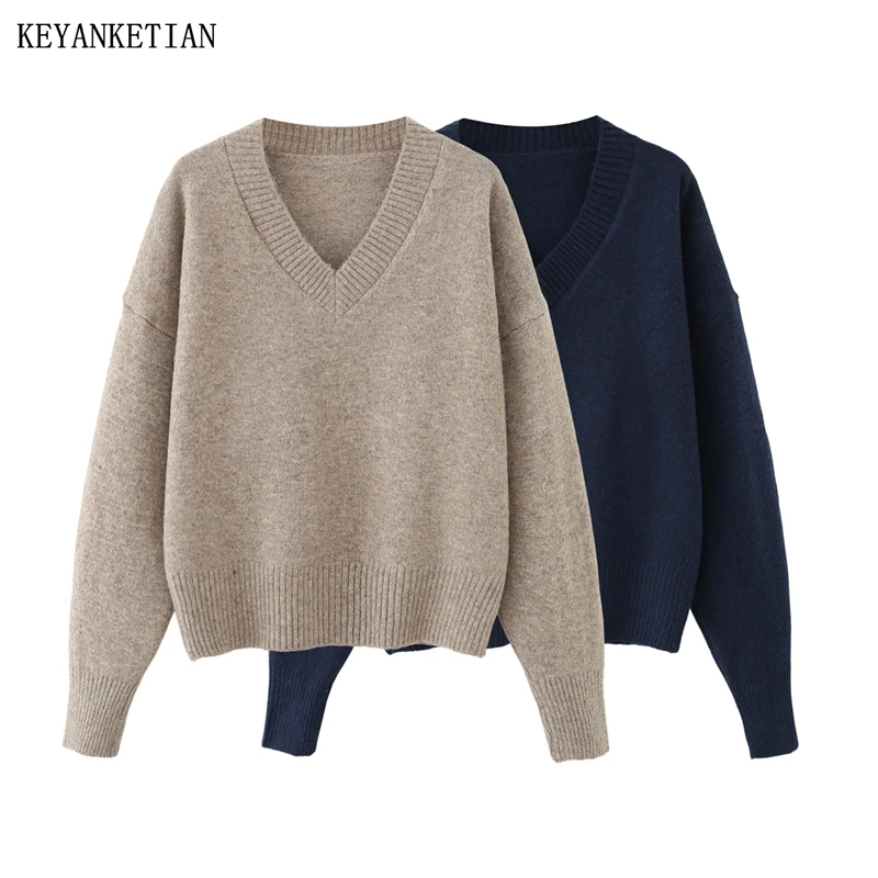 

Зимний новый женский свитер KEYANKETIAN с V-образным вырезом, мягкий, свободный, с длинными рукавами, вязаный, повседневный пуловер для женщин