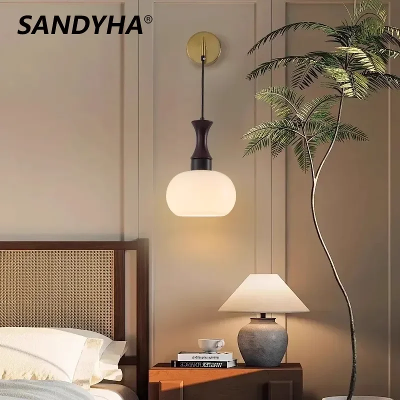 

SANDYHA Japanese Retro Woodenwall Lamp for Bedroom Bedside Light Glass Lampshade Living Room Study Lighting Fixtures Home Decor