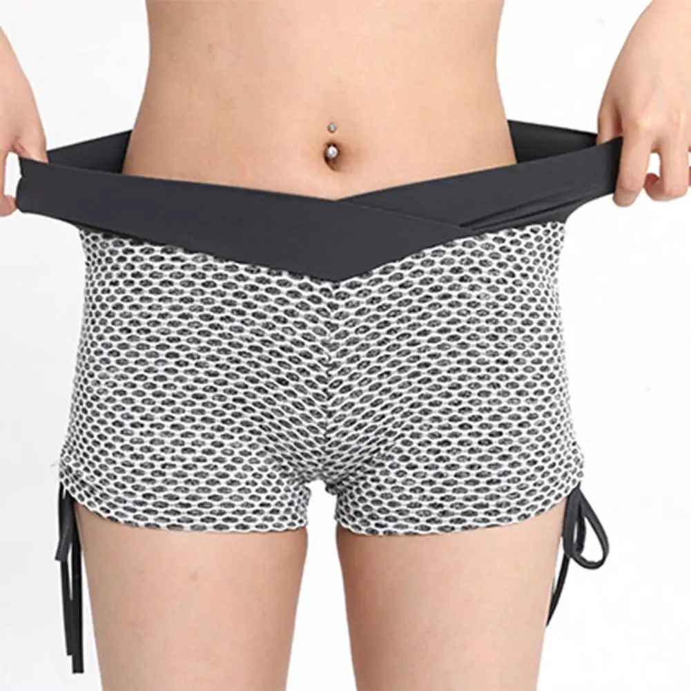 Stretchy Athletic Shorts High Waist Hollow Mesh Yoga Shorts for Women Breathable Butt-lifted Gym Shorts with Tummy for Jogging