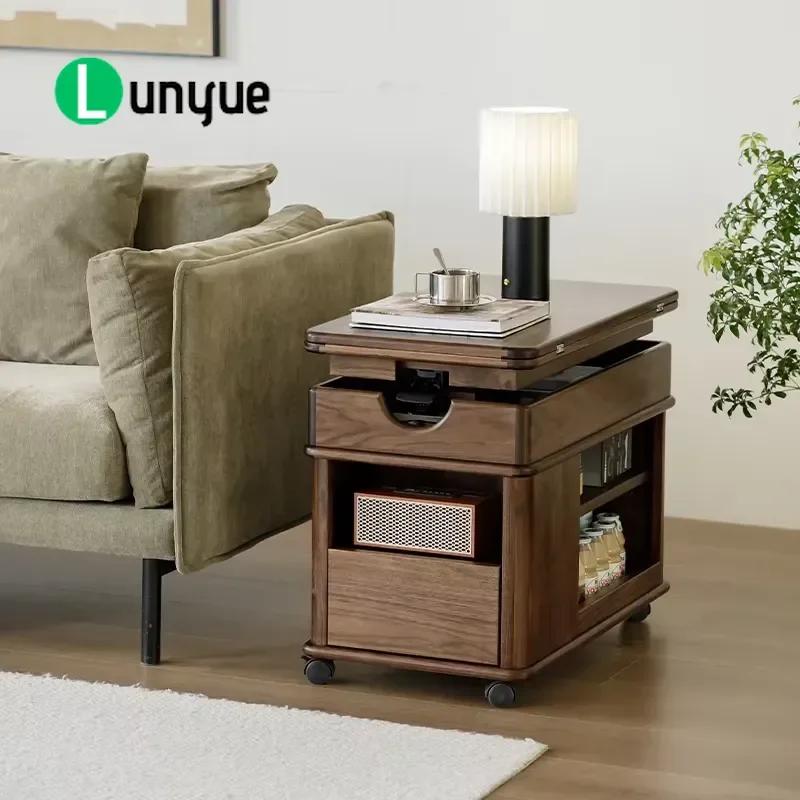 Solid Wood Lift Coffee Table Adjustable Height Side Cabinet Movable Cart Rotating Bus Side Table Modern Simplicity For Living