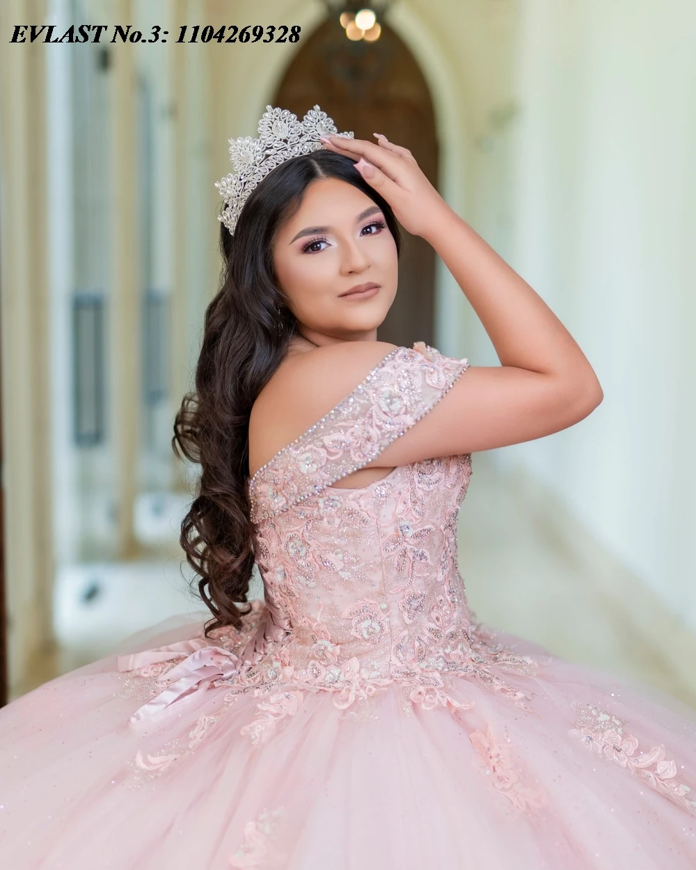 EVLAST Maßgeschneidertes errötendes rosa Quinceanera-Kleid, Ballkleid, Spitze, Perlenstickerei, Tüllkorsett, Sweet 16, Vestido De 15 Anos E3Q396