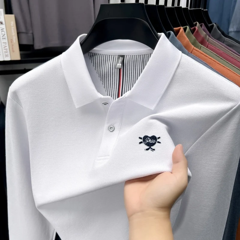 

100% хлопчатобумажная мужская рубашка POLO Осенний новый высококачественный бренд вышивка в форме сердца комфортабельный лацкан футболка