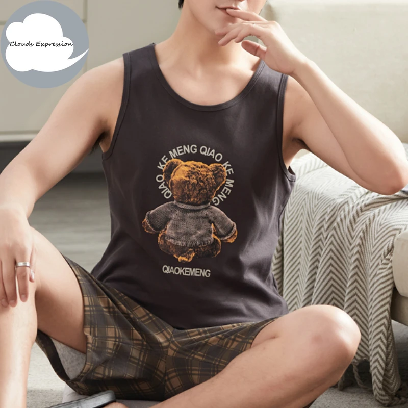 Summer Big 4XL Knitted Pjs Sleeveless Men's Pajama Sets Male Pajamas Plaid Loungewear For Masculine Sleepwear Homewear Fashion