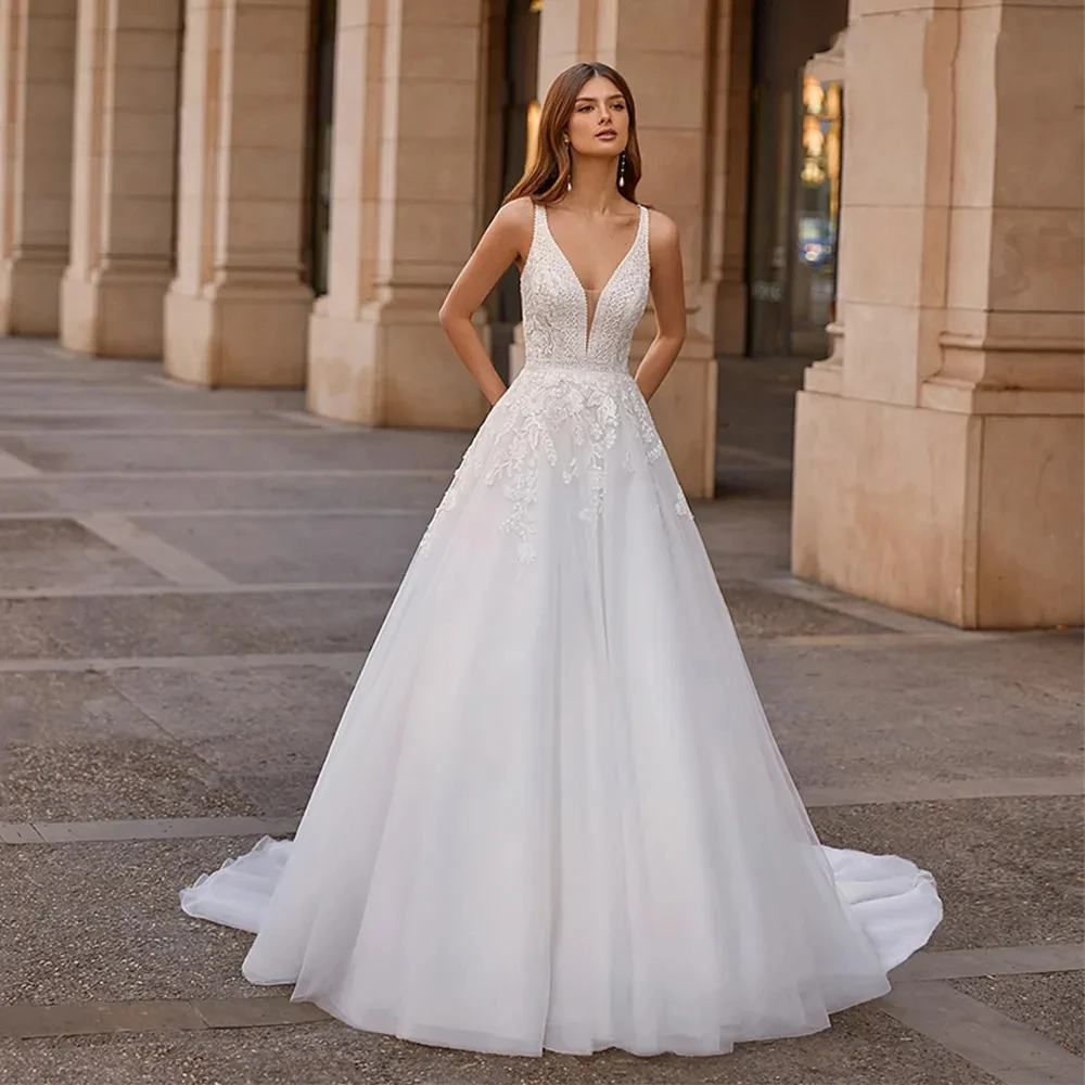 

Luxury Wedding Dresses V-Neck Sleeveless Gowns For Formal Party 2024 Elegant Bridal Robes Lace Appliques Vestidos De Novia 2023