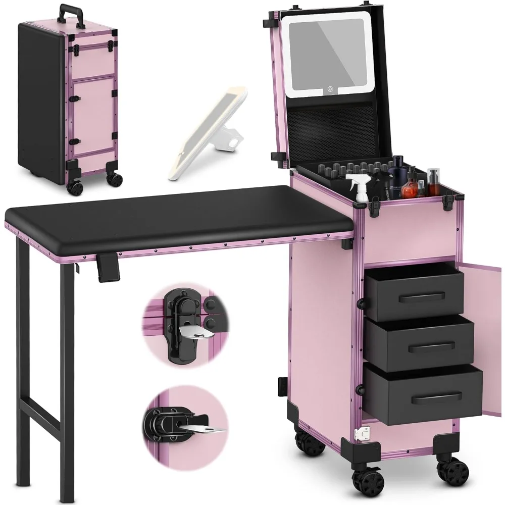 

Rolling Portable Manicure Table with 3 Drawers, Mirror, Nail Polish Organizer, Lockable Makeup Train Case, Foldable Nail Desk