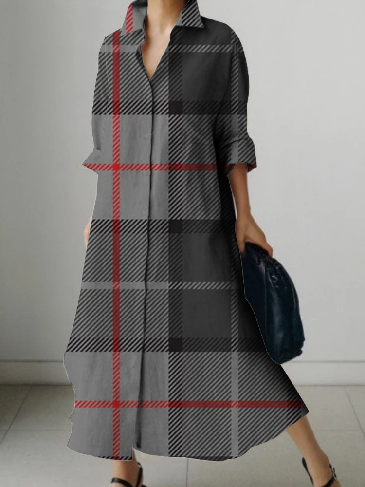 New Long Sleeve Shirt Dress Ladies Plaid Print Design Dress Elegant Beautiful Evening Gown Deluxe Dress For PROM Spring/Summer