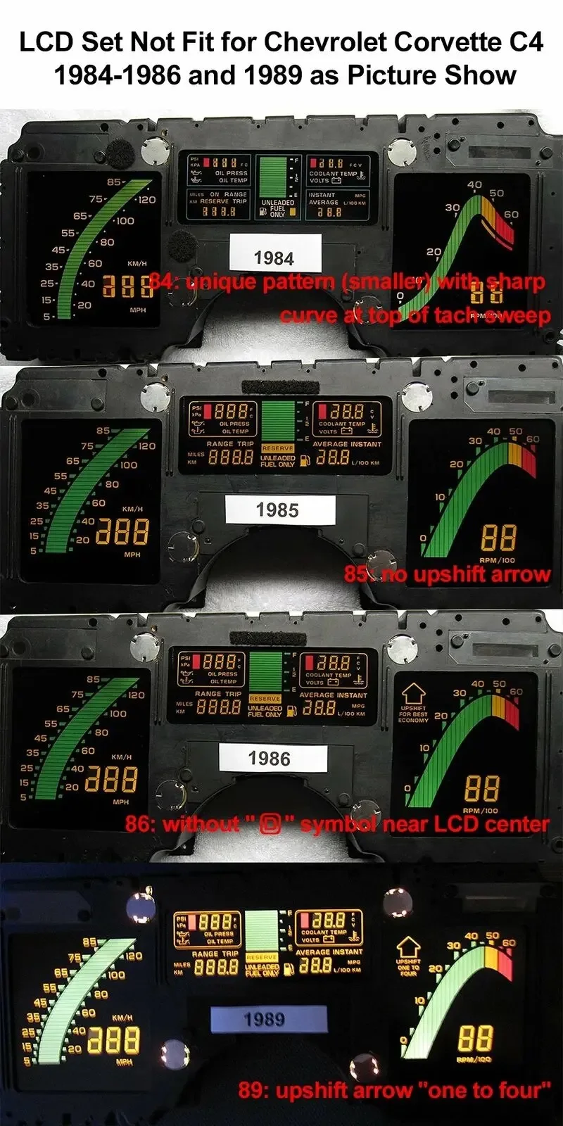 LCD Screen For Chevrolet Corvette C4 Digital Instrument Cluster Set 1987-1988