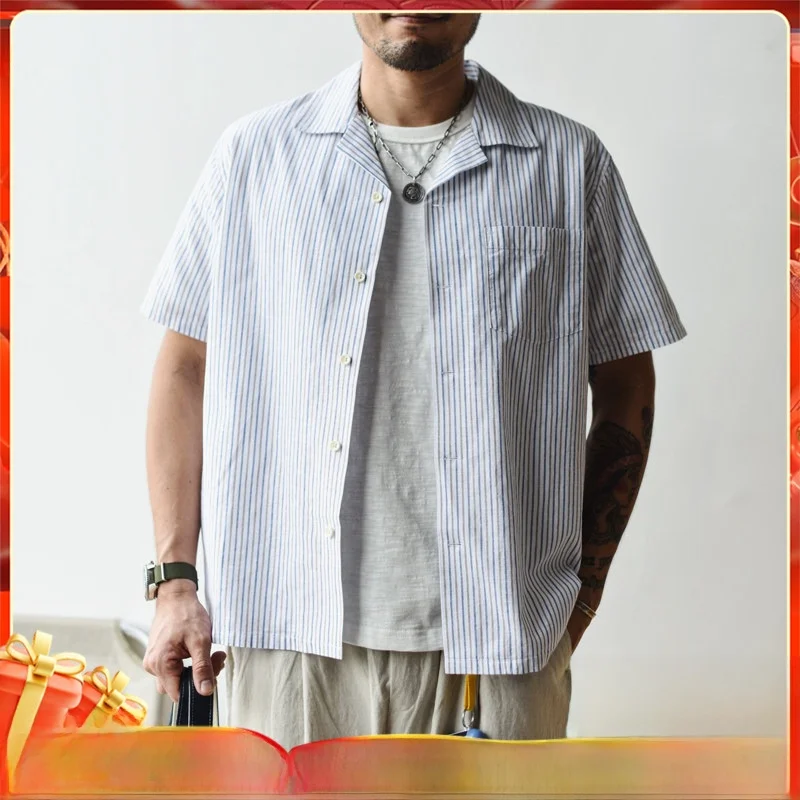 

Pure Cotton Cuban Collar Shirt Short Sleeve Men Summer Casual Stripe Pattern Vintage Style Youth Fashion Standard Fit