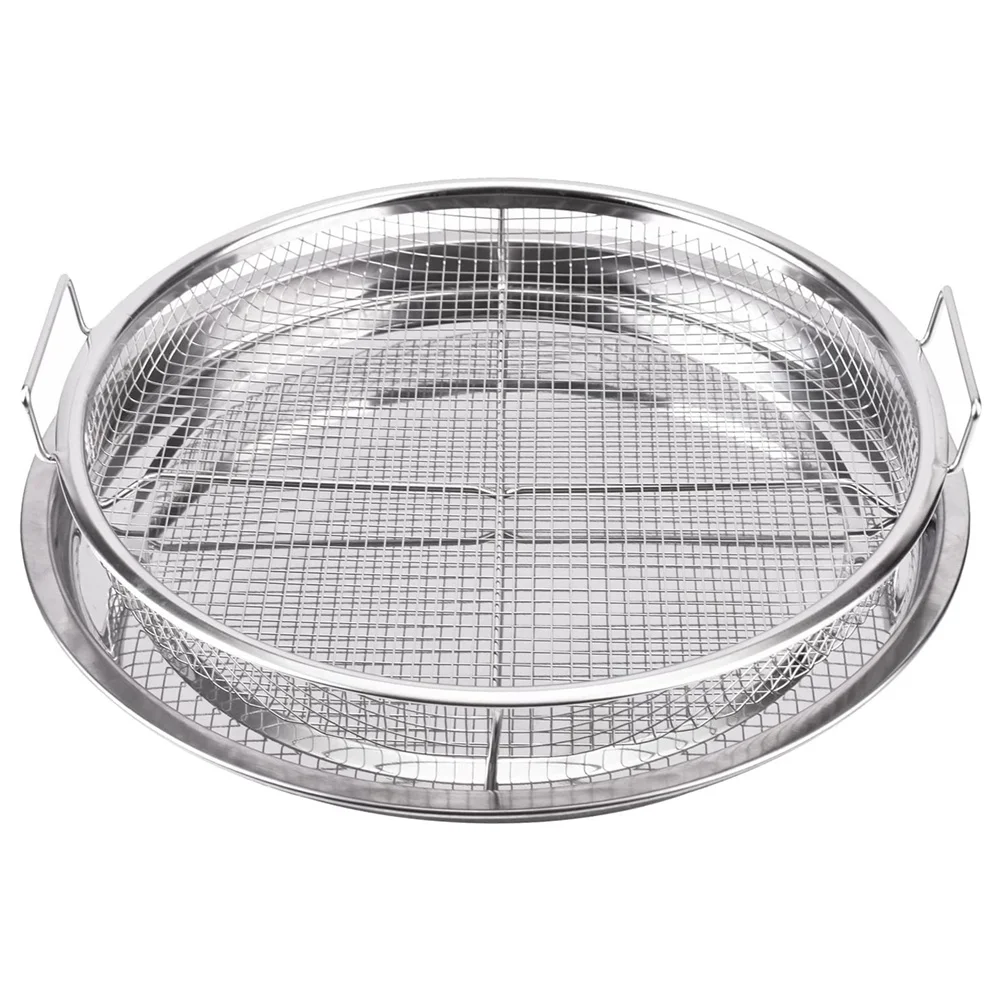 B01C-2 Pcs Round Stainless Steel Air Fryer Basket For Oven, Crisper Tray And Basket 13 Inch, Oven Air Fry Pan Mesh Basket Set