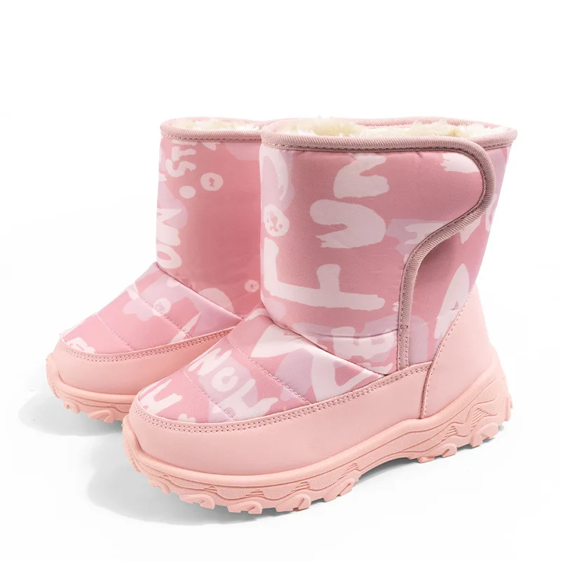 Winter Girls Waterproof Snow Boots Children Warm Pink High-top Boots With Thick Plush