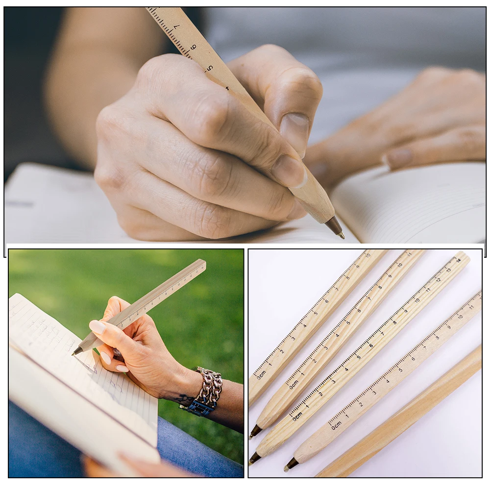 10Pcs Multifunction Tool Pen Wooden Body with Ruler Markings Lightweight Portable School and Office Stationery Aesthetic Writing