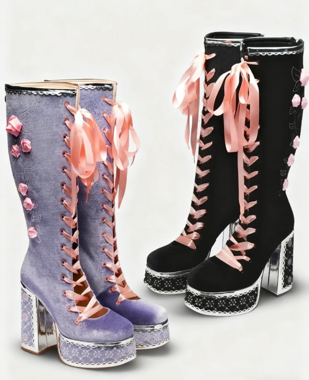 

Black Suede Pink Lace-Up Straps Knee-High Boots Floral Embroidery Chunky Platform Heel Goth Design Sweet Cool Style Lady Boots