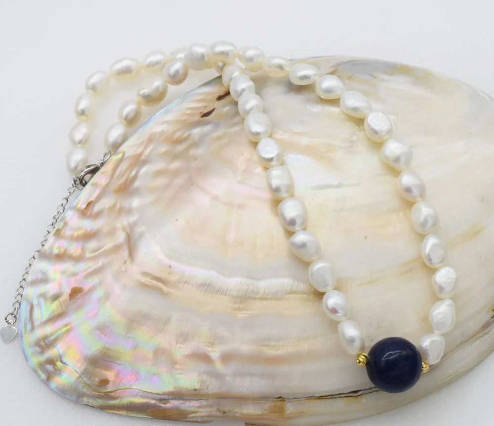 wholesale  freshwater  pearl white baroque and blue lapis round  necklace 17inch   nature beads