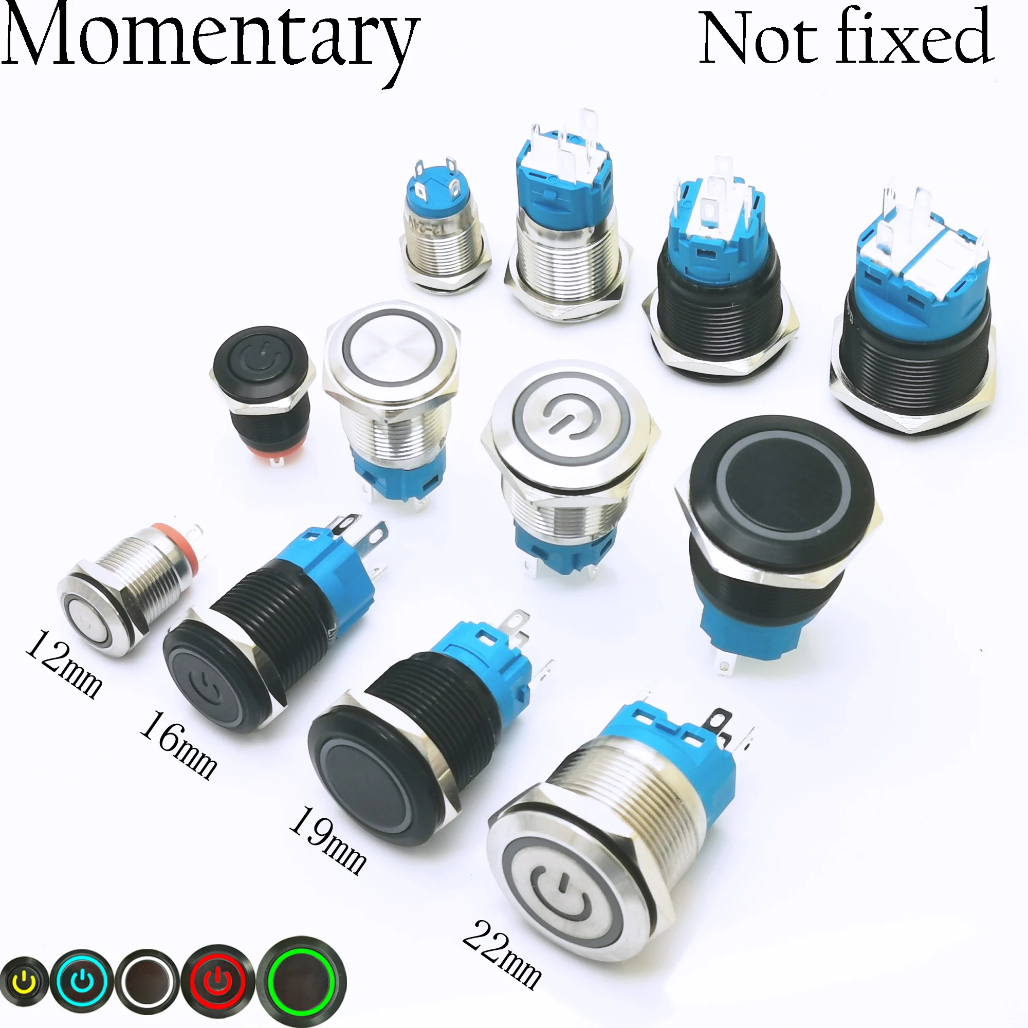 Metal Button Switch,Flat Head,Momentary Nox Fixed Reset,12mm 16mm 19mm 22mm Size, LED 3-6V/12-24V/220V Dashboard Button Switch