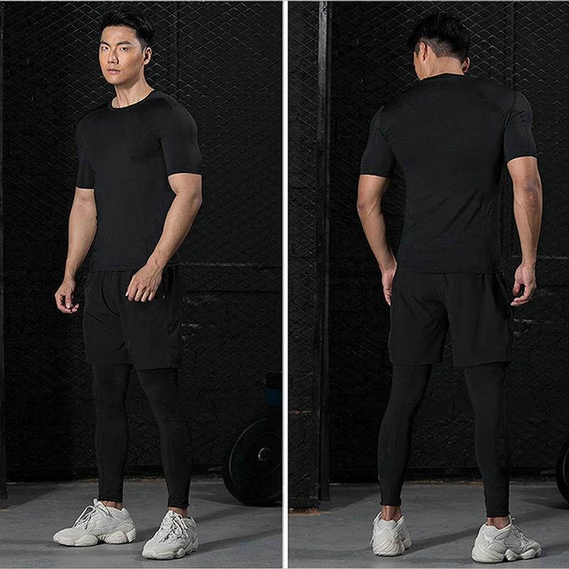 2 Pcs/Sets Men's Sportswear Short Sleeve T-Shirt Athletic Wear Compression Suit Gym Elastic Tracksuit Breathable Running Set