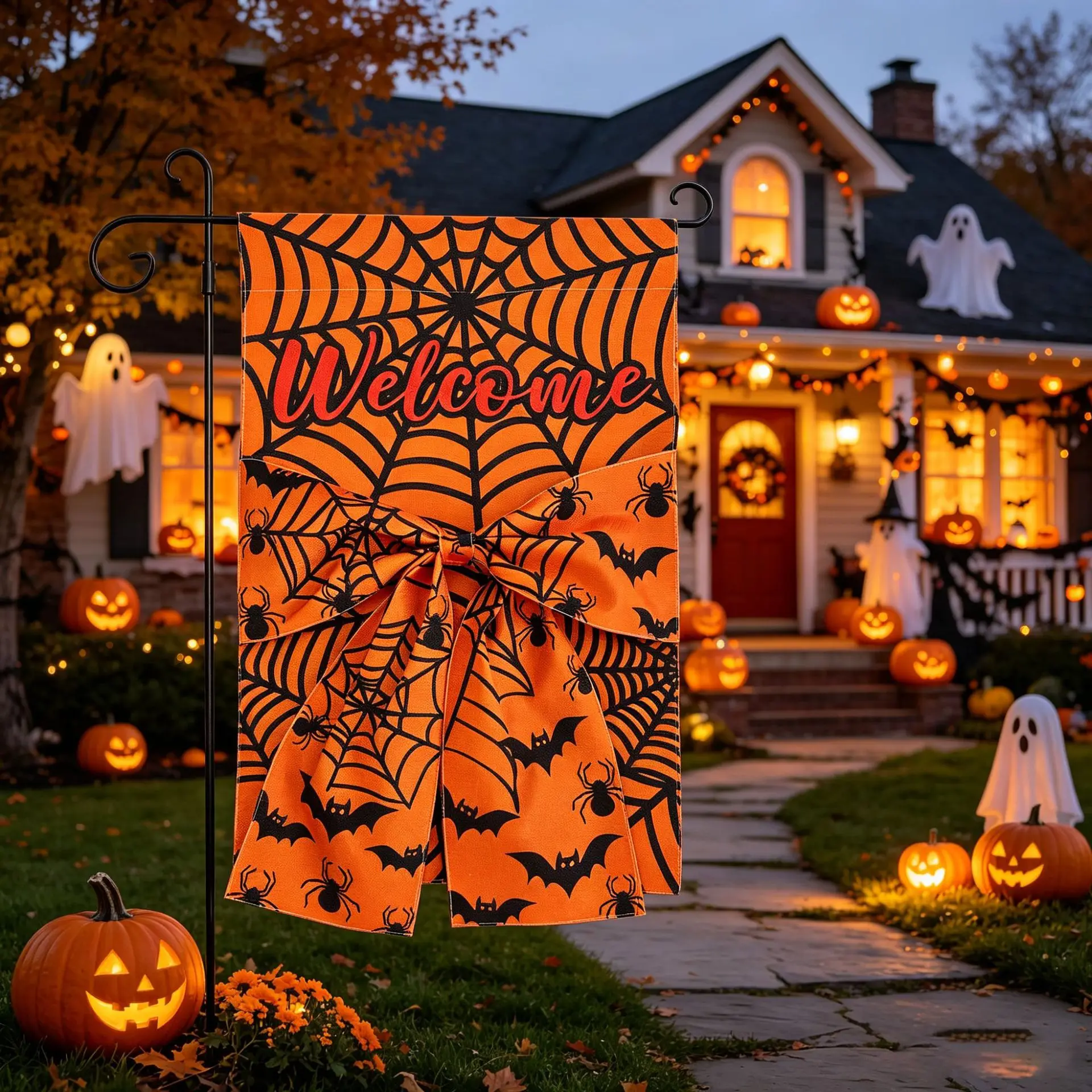 2 Stück Halloween Gartenläufer Digital Bedruckt Doppelseitiger Leinenstoff Schleifendekoration Hofläufer – Detail 11