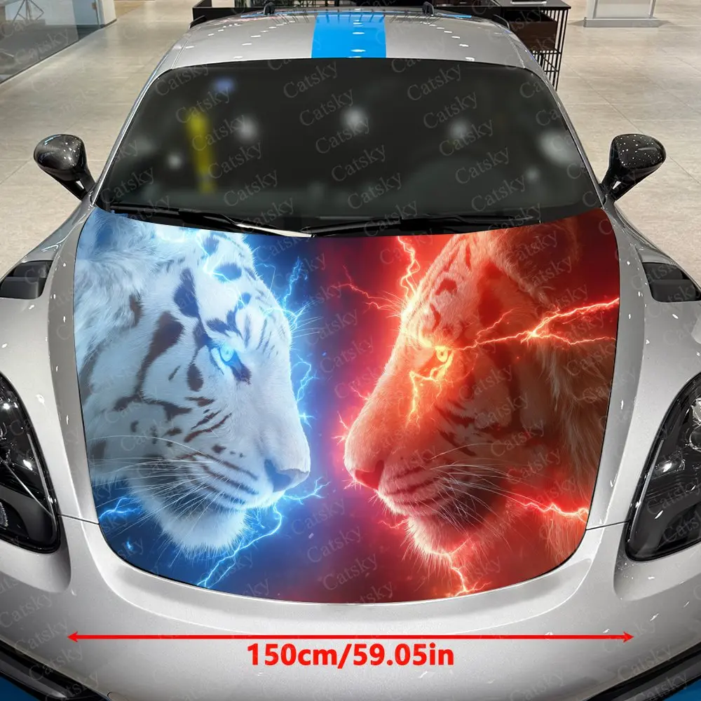 Dual-Tone Lightning Tigers Car Hood Sticker,Waterproof Self-Adhesive Vinyl Graphics Decals,Decorative Auto Accessories Stickers