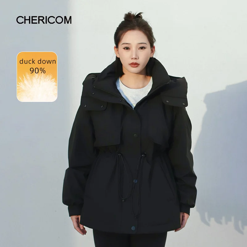 Chericom Winter Down Jacket Stand-up Collar Attached Hood Waist Drawstring Side Angled Insert Pockets Women's Outerwear Y308060Y