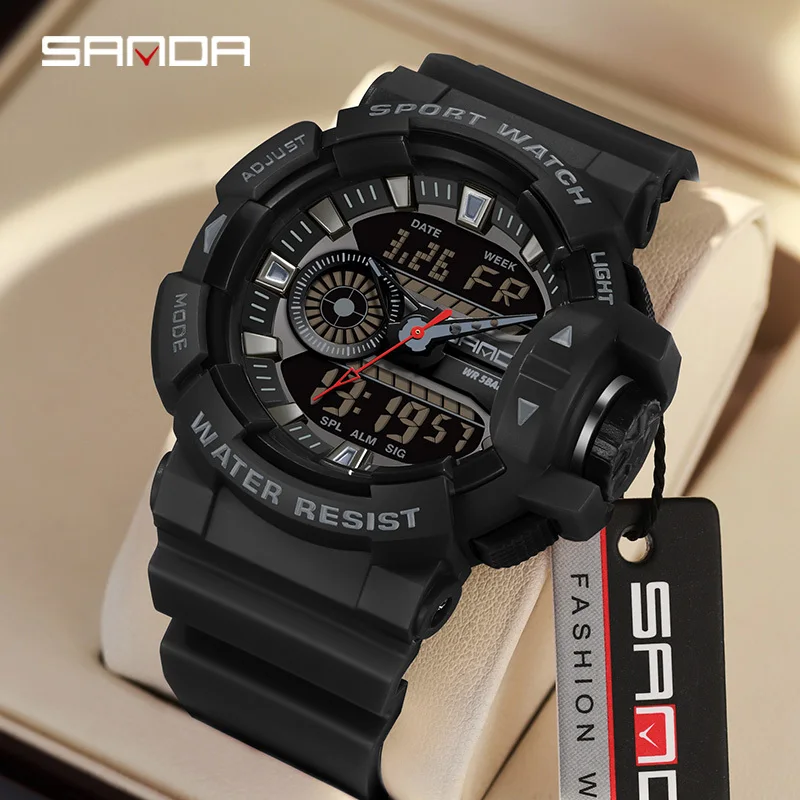 SANDA 3310 Dual Display Men's Watches Waterproof Sports Watch Military Man Alarm Stopwatch Quartz Wristwatch Male Digital Clock