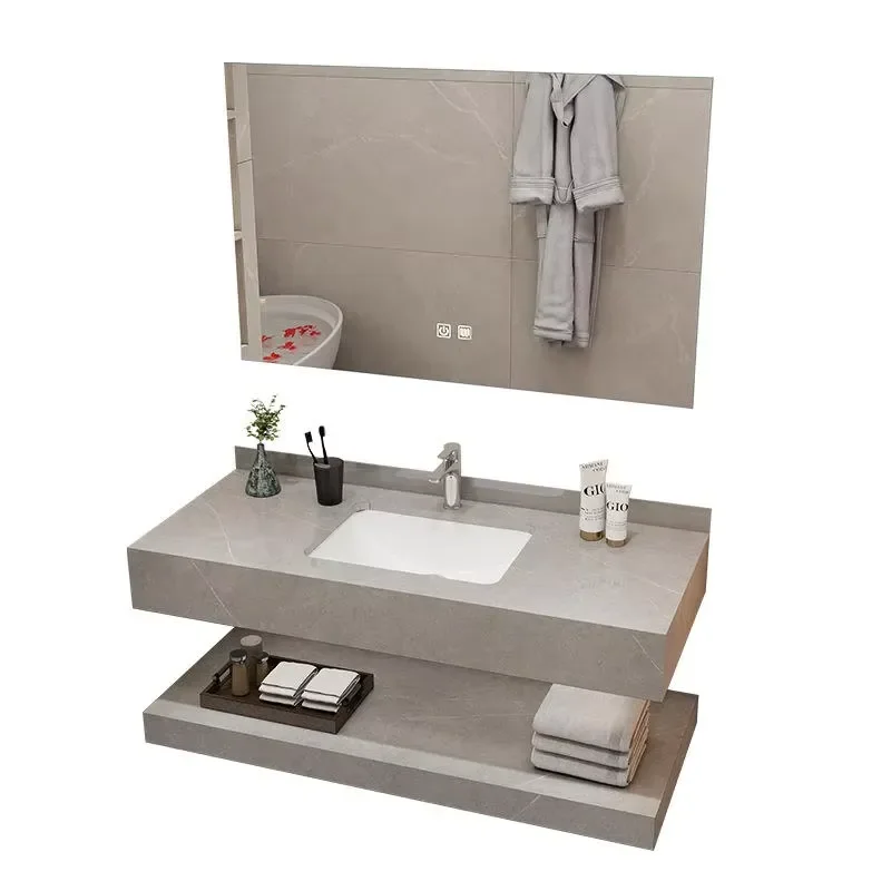 Modern Wall Mounted Floating Bathroom Sink Set Rectangular Sintered Stone Basin Waterproof Integrated Vanity Cabinet