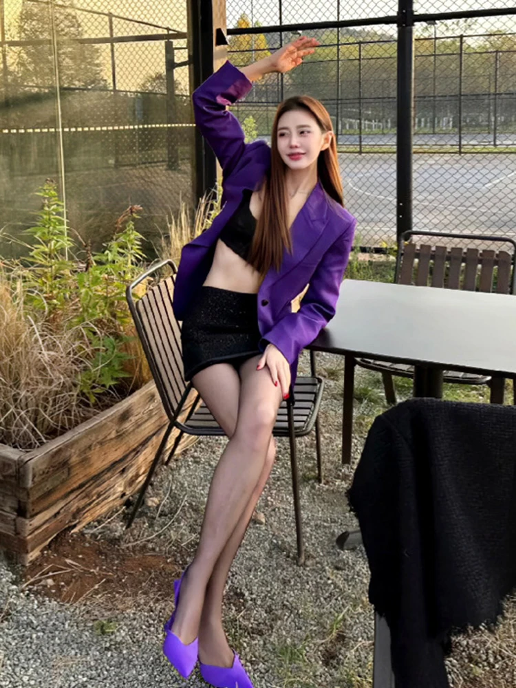 [oein] 2024 Autumn , High-end Temperament, Socialite Purple Explosive Street Suit Jacket, Spicy Girl For Women