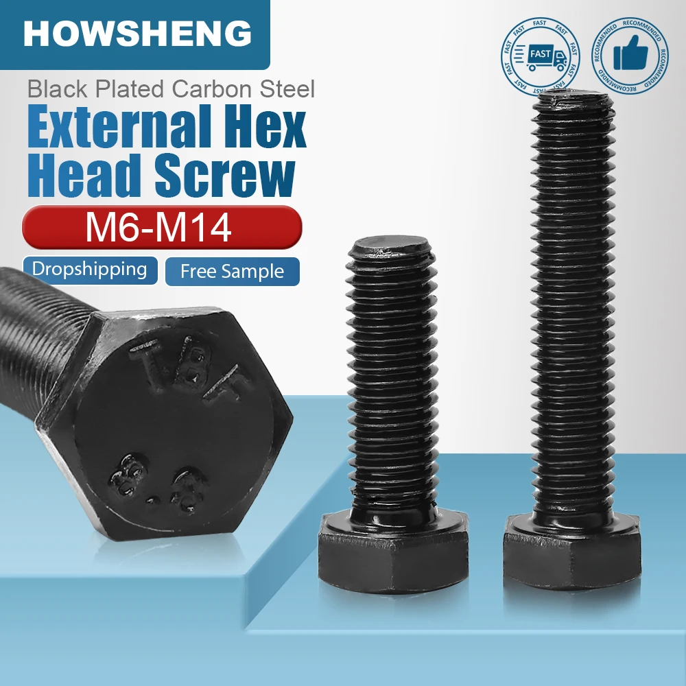 HOWSHENG 1-20pcs External Hex Head Screw M4 M5 M6 M8 M10 M12 M14 Grade 8.8 Carbon Steel Outside Hexagon Head Bolt