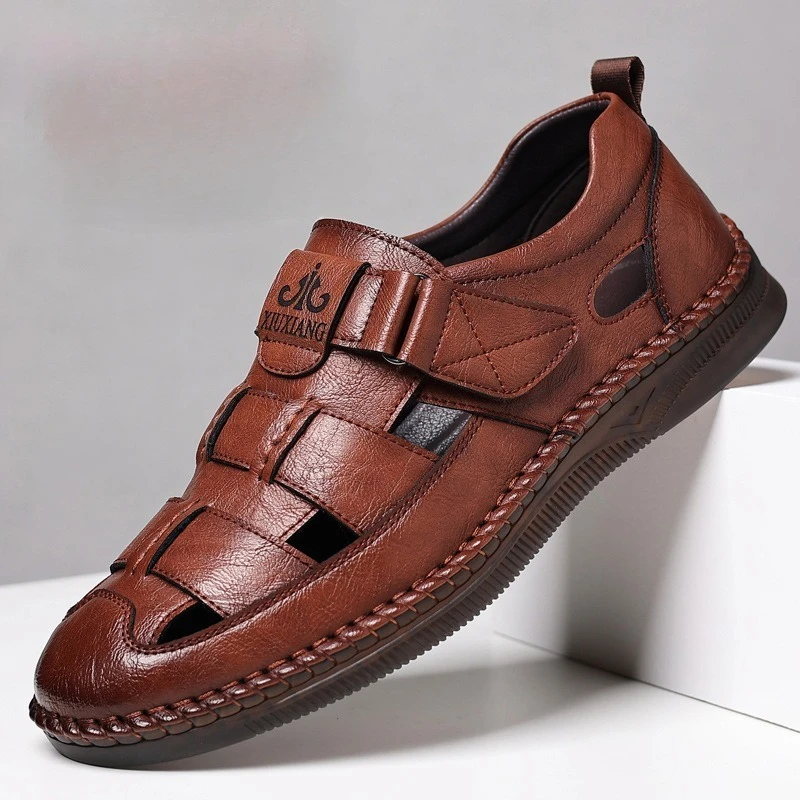 XIHAHA Hot Sale Men Hollow Out Sandals New Arrival Leather Beach Shoes Non-slip Shoes Handmade Sandals All-match Summer Sandaly