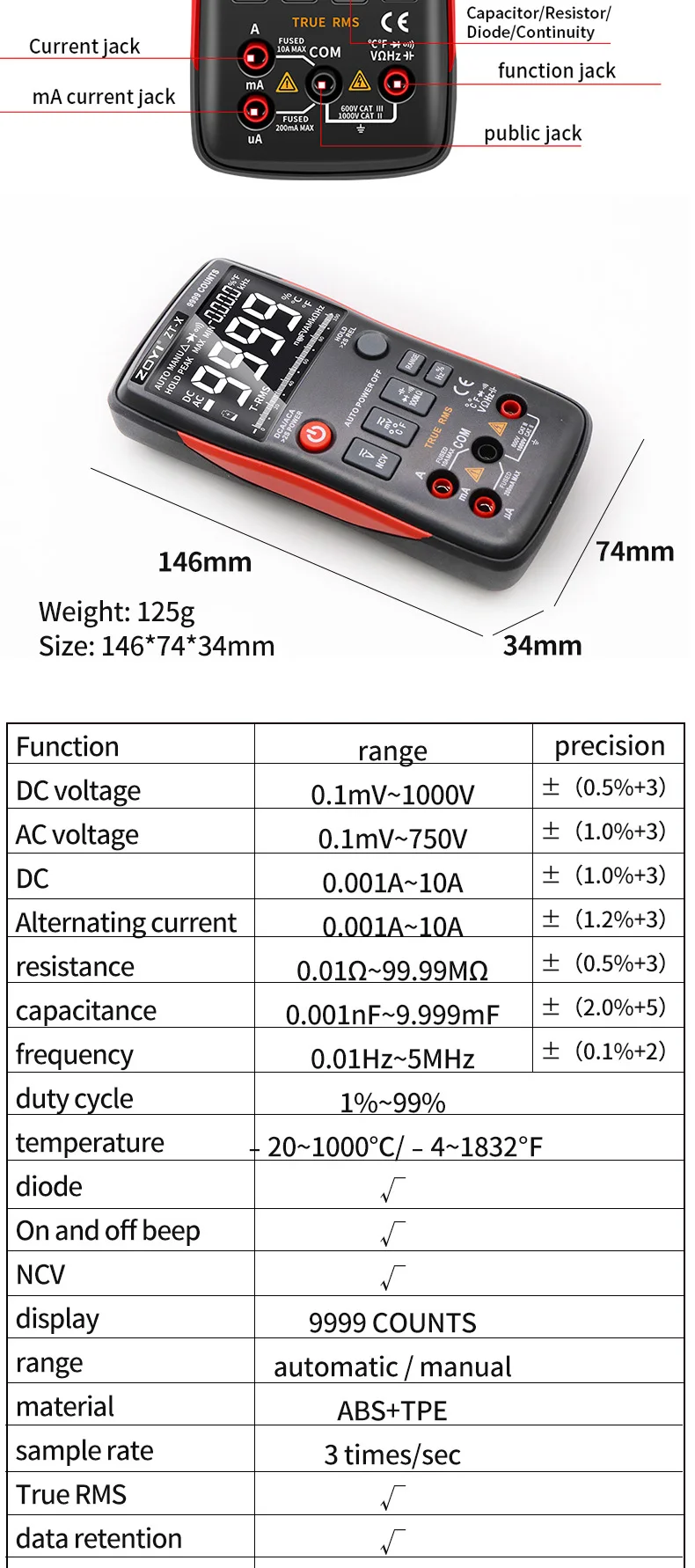 ZOYI ZT‑X 9999 Counts True RMS Digitalmultimeter mit automatischer Bereichswahl, NCV-Spannung, Strom, Widerstand, Kapazität, Temperaturmessgerät – Detail 5