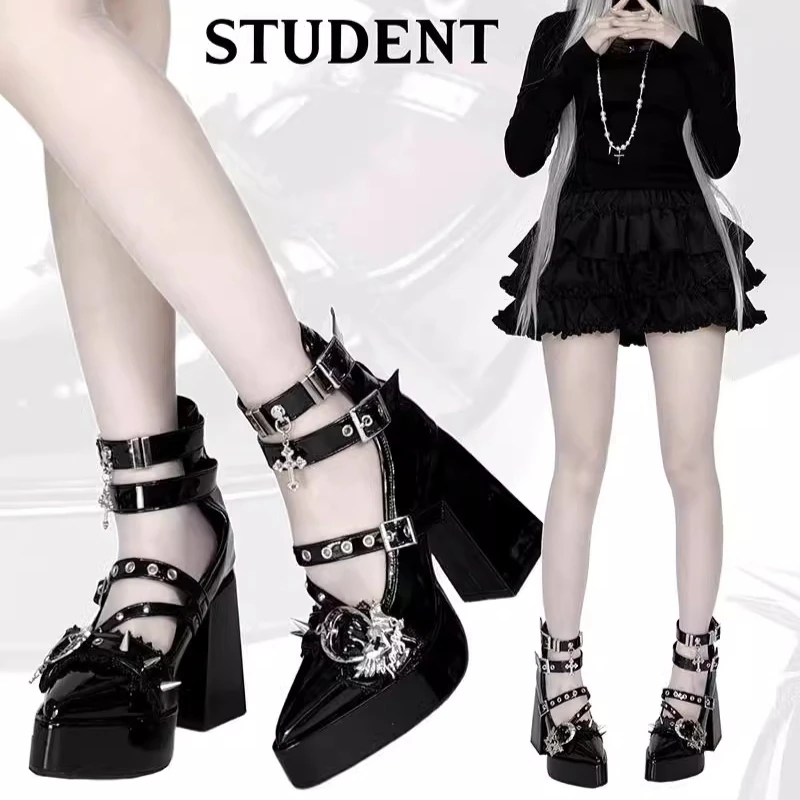 Original Subculture Gothic Y2k High Heels Women's Spring and Summer Pointed Rivets Silver High Heels Ladies Cos Platform Shoes