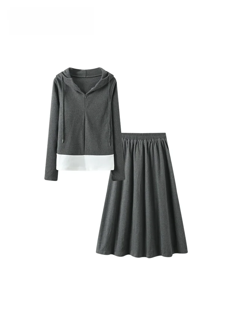 

plus Size Casual Long Sve Hoodie Skirt Set Women's Spring Slimming Leisure High Waist A-Line Skirt Two-Piece Outfit