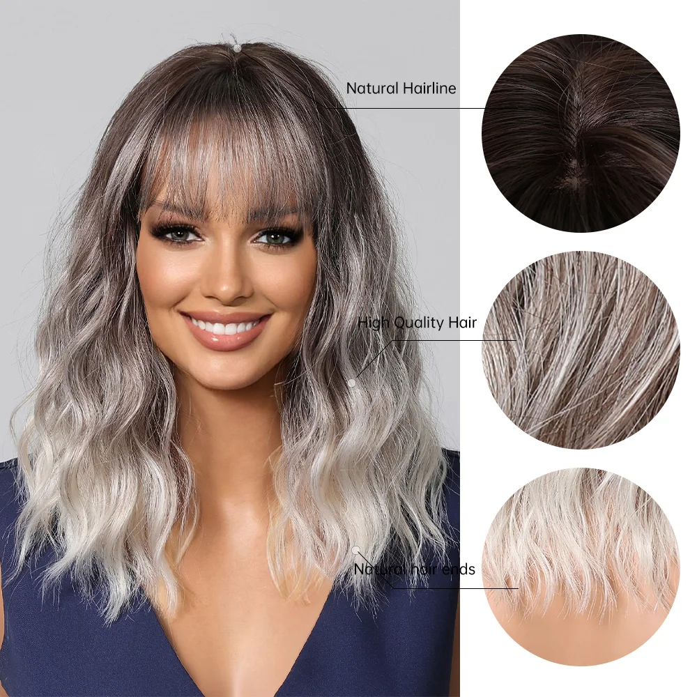 Ombre Blonde Bob Synthetic Wigs With Bangs Short Curly Dark Root Hair Wigs For Women Water Wave Wigs Lolita Hair Heat Resistant