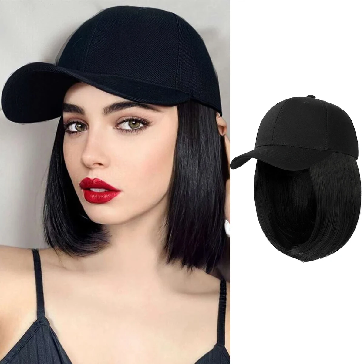 Weilai Spring/Summer Canvas Sunshade Hat Wig One piece Short Hair Duck Tongue Hat Natural Straight Hair Baseball Hat