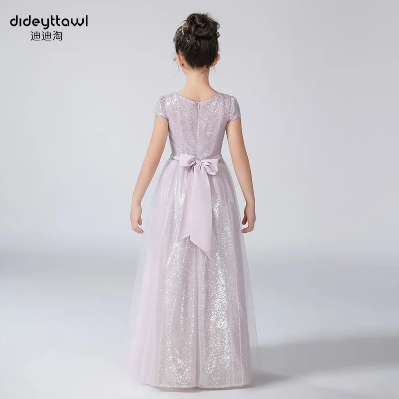 It's Yiiya Customized Flower Girl Dresses Purple Sequins Tulle Square Collar Cap Sleeves Bow A-line Floor Length Kids Gowns T151