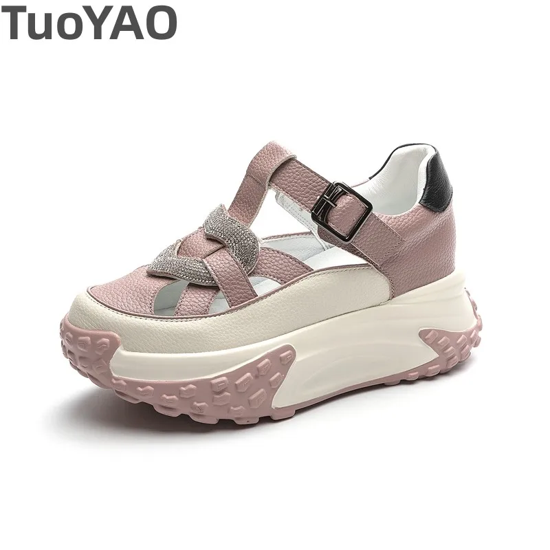 6.5cm Genuine Leather Mules Rhinestone Shoes Sandals Synthenic Platform Wedge Buckle Women NEW Fashion Casual Summer Slippers